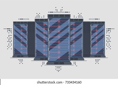 Server page background, server rack row, server cabinet farm, abstract background, big data processing, cloud service server 3d flat vector illustration