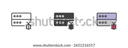 Server with password and malware bug icon set in line, solid and filled outline style. Cyber server threat vector icon. Bug attack symbol pack.