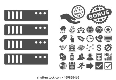 Server pictograph with bonus icon set. Vector illustration style is flat iconic symbols, gray color, white background.