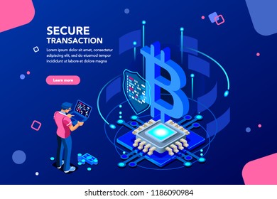 Server processing data backup, software hacking or lock hardware. Virtual rich transaction monetary success shield for business. Altcoins mine concept with character flat isometric vector illustration