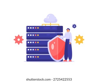 Um conceito de proteção de servidor. Ilustração de um homem protegendo e protegendo um dispositivo de servidor com um escudo. Proteção, segurança, proteção, tecnologia de servidor. Equipe de TI. Design de metáfora de estilo plano. Fundo branco.