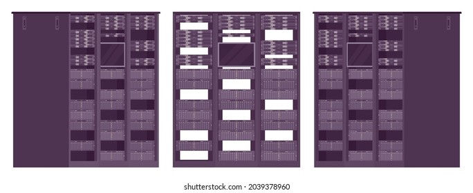 Server rack black cabinet structure, technical IT equipment. Device to hold, organize, supporting framework for hardware modules, telecommunication, computing. Vector flat style cartoon illustration