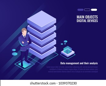 Server rack, data management and analysis, banner of computer technology, digital data, isometric vector