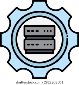 Server rack enclosed securely within a large blue gear. This mechanical arrangement illustrates server maintenance and backend hosting configuration. Suitable for webmaster administration panels and IT support services.