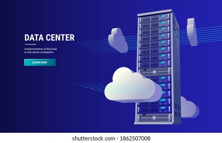 Server rack with server equipment inside rendered in 3D style. Data Collection and Processing with cloud computing. The concept for website landing pages, mobile site template and presentation.