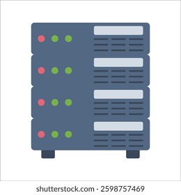 Server Rack Flat design style, dark-colored server units with indicator lights, symbolizing data storage, suitable for IT infrastructure, cloud computing, and network technology designs.