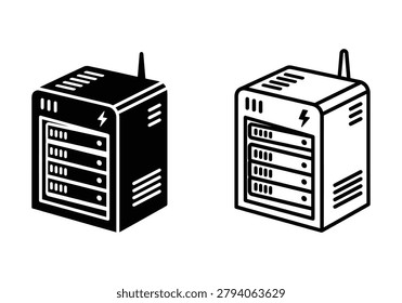 Server rack icon, black and white. Isometric illustration. Technology symbol, data center hardware, network equipment.