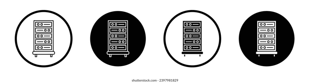 Server rack icon set. Data storage cabinet vector symbol. Hosting datacenter sign. virtual machine database icon in black filled and outlined style.