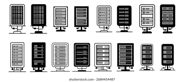 Iconos Del Estante Del Servidor En Ilustración vectorial Del Estilo De La Silueta En Blanco Y Negro