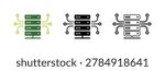 Server rack icons in green, solid black, and outline styles. Representing cloud computing, data storage, and network connectivity. Ideal for corporate IT presentations, web hosting service websites, and technical documentation. High-quality vector graphics for professional software development and networking projects.