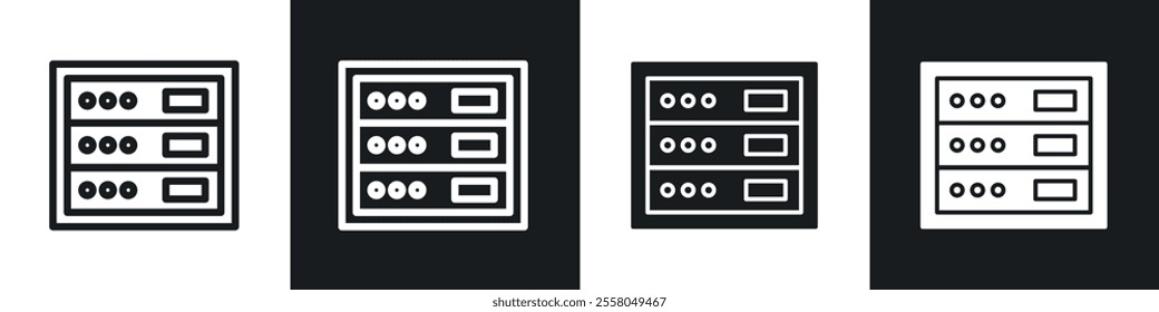 Server rack icons pack in black and white filled and outlined versions.