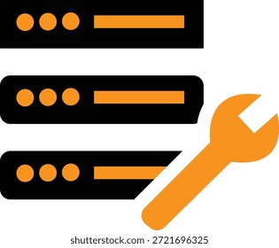 Serverrack-Illustration mit einem leuchtend orangefarbenen Schraubenschlüssel als Symbol für grundlegende Wartung und Reparatur digitaler Hardware