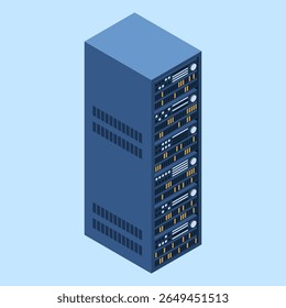 Estante del servidor. Servidor isométrico. Equipo de red del servidor. Tecnología de red informática. Tecnología isométrica. Ilustración vectorial