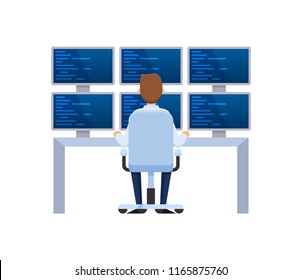 Server rack, network station, database hosting and storage, cloud storage. Information base, server installation, employee working it programmer for computers and monitors. Vector illustration.