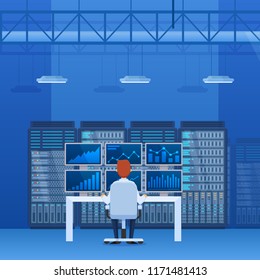 Server Rack, Network Station, Database Hosting, Cloud Storage. Interior Of Server, Financial Company, Stock Market, Exchange Of Cryptocurrency Mining, Office Room, Control Center. Vector Illustration