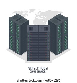 Server rack on world map background vector isometric, data center server room rack equipment, computer hardware concept, cloud file and document storage 3d illustration on white background
