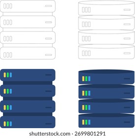 Server Rack Stack Icon Set, Flat and Outline Style, Data Center Concept