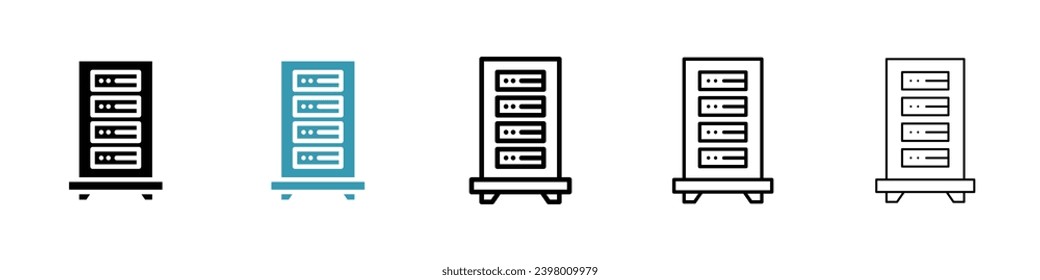 Conjunto de iconos del vector del rack del servidor. Base de datos de máquinas virtuales del centro de datos de alojamiento en rack de servidores para diseños de interfaz de usuario.