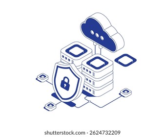 Server racks connected to cloud storage with security shield and lock symbol representing data protection in isometric line contour vector illustration