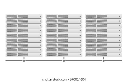 Server racks joined by a link. Material design. Grey. Vector illustration. Eps10. White background.