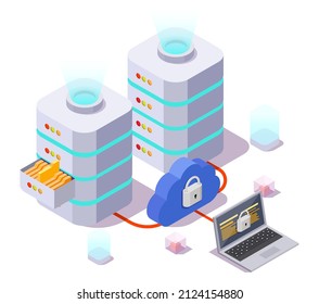 Server racks, laptop computer and cloud with locks, flat vector isometric illustration. VPN, Virtual Private Network, internet security.