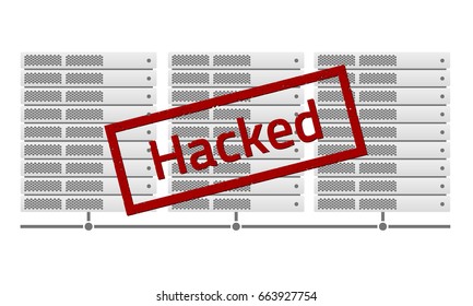 Server racks. Red stamp message Hacked. Virus encryptor ransomware.  Editable eps10 Vector. White background.