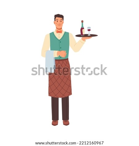 Server in restaurant or cafe, isolated waiter holding tray of wine bottle. Getting orders to customers. Personage or character, vector in flat cartoon style