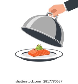 A server reveals a delicious salmon dish under a silver cloche. The plated meal looks appetizing and elegant.
