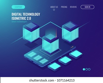 Server room banner, datacenter database connection concept, smartphone mobile phone application development and installing, data transfer, isometric vector Server room banner, datacenter database connection concept, smartphone mobile phone application development and installing, data transfer, isometric vector