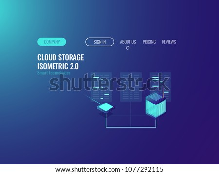 Server room banner, proxy vpn technology, cloud data center datase, blockchain concept, hoting online neon dark isometric vector