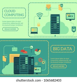 Server room banner set showing data center connected with computers and devices and transmitting information using wireless networks. Flat vector illustration for telecommunication technology concept.