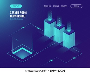 Server room banner, web hosting and processing of big data concept, ultraviolet isometric vector illustration