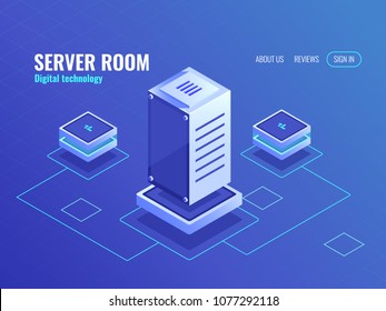 Server Room, Big Data Processing Center And Database, Computer Digital Technology, Neon Dark Isometric Vector