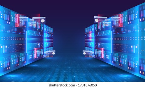 Server room and big data processing concept, digital information technology, neon blue gradient. Concept of big data storage and cloud computing technology. Digital information warehouse. Web hosting