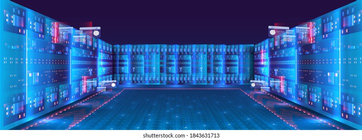 Server room and big data processing concept, digital information technology, neon blue gradient. Concept of big data storage and cloud computing technology. Digital information warehouse. Web hosting