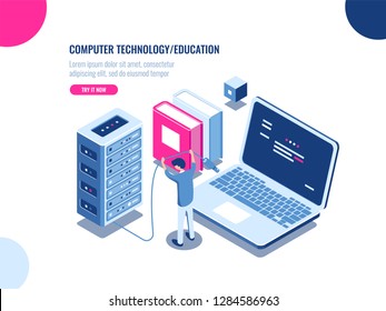 Server room cabinet, data center and database isometric icon, server rack farm, blockchain technology, web hosting, data security, cloud storage, personal data protection, flat vector illustration