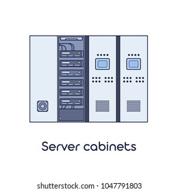 Server Room with Cabinets. Vector Illustration in Flat Outline Style.