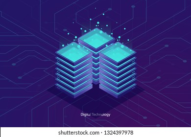 Server Room, Cloud Data Cloud Storage, Big Data Processing Concept, Networking And Internet Conncetion, Information Warehouse Isometric Vector