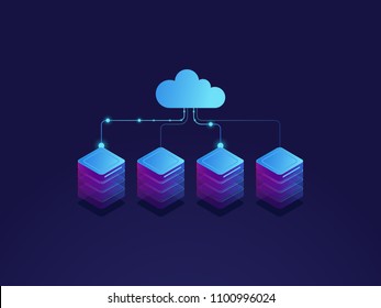 Server room, cloud storage icon, datacenter and database concept, data exchange process isometric dark vector