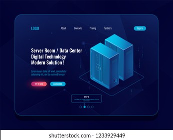 Server room and cloud storage isometric icon, big data center, database visualization, data flow dark neon vector digital technology