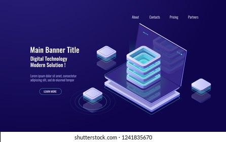 Server room, cloud storage isometric icon, database and datacenter, web hosting, Network or mainframe infrastructure website header layoutdark neon vector