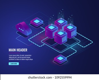 Server Room, Cloud Storage Technology, Transmission And Exchenge Data Center, Dark Neon Isometric Vector