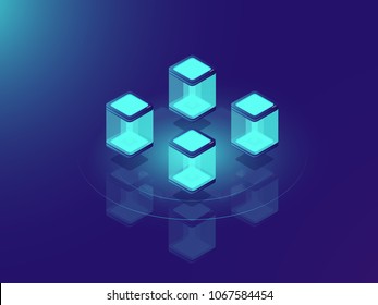 Server room concept, cloud data storage and datacenter isometric vector illustration on neon dar background