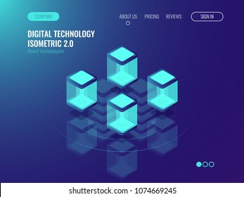 Server room concept, data center and database cloud storage, artificial intelligence develpment concept isomentric neon vector