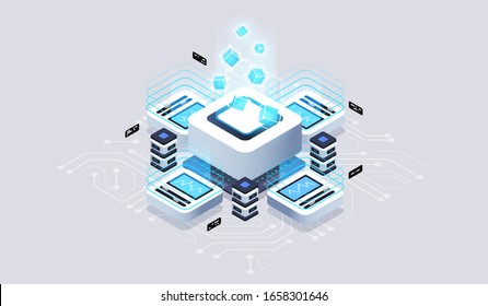 Server Room Concept. Data Visualization Concept. 3d Isometric Vector Illustration.