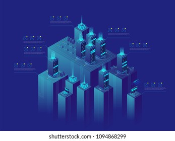 Server room, concept, isometric vector illustration of data center and data exchange, cloud storage