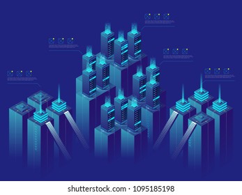 Server room, concept, isometric vector illustration of data center and data exchange, cloud storage
