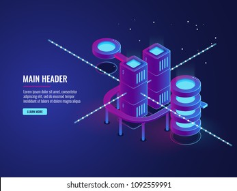Server Room Concept, Smart City Banner, Traffic Data Processing And Cloud Storage, Digital Technology Information Flow, Database And Data Center Icons Dark Neon Isometric Vector