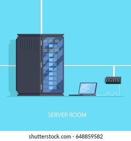 Server Room Concept With Switch Laptop. Server Configuration Process, Admin Room Flat Vector Illusttation