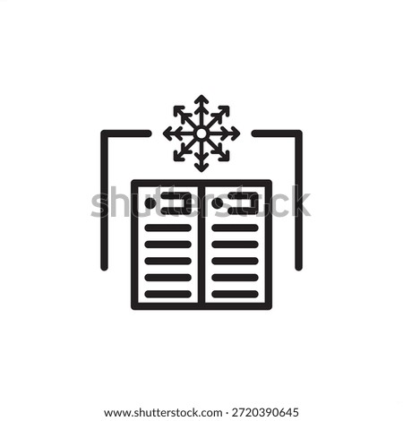 Server room cooling icon featuring data racks and a multidirectional airflow symbol, representing data center thermal management, HVAC efficiency, and critical IT infrastructure climate control.